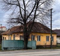 A family house in Komjatice with an orange facade, in front of which there is a large tree.