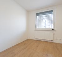 A room in a family house with white walls and a wooden decor floor.