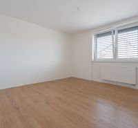 A room in a family house with white walls and a wooden decor floor.