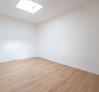 A room in a family house with a wooden decor floor and a skylight.