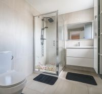 A bathroom in a family house with a toilet, shower, and sink.