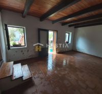 Interior with ceramic tiles, wooden ceiling, and garden view. Properties - living.