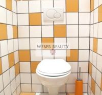 A toilet in a studio apartment with colorful tiles and a stylish flushing system.