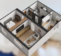 Floor plan of a 2-room apartment with wood-patterned flooring and a kitchen.