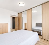 Bedroom in a 2-room apartment with a wooden decor floor and a mirrored wardrobe.