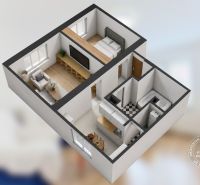 3D floor plan of a 2-room apartment with a living room, kitchen, and wooden decor flooring.