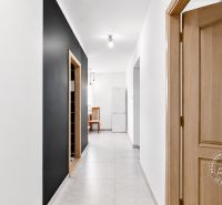 A hallway in a 2-room apartment with white walls, black accents, and wooden doors.