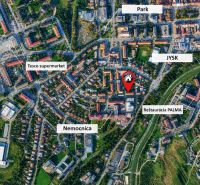 Aerial view of a district in Stará Ľubovňa, Obrancov mieru, highlighting a facility near a 2-room apartment.