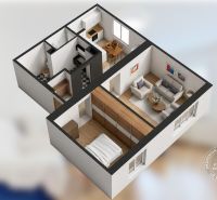 3D floor plan of a 2-room apartment with wood-patterned flooring and a bright living room.