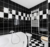 Bathroom in a 2-room apartment with a wall-mounted radiator and designer tiles.