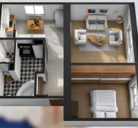Floor plan of a 2-room apartment with wood-patterned flooring and modern furnishings.