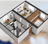 Floor plan of a 2-room apartment with a kitchen, living room, bedroom, and bathroom.