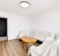 Living room in a two-room apartment with a wooden decor floor and white furniture.