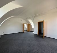 Offices with arched ceilings and carpet, white walls, and wooden doors.