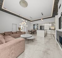 Living room in a family house with a fireplace, sofa set, and elegant lamps.