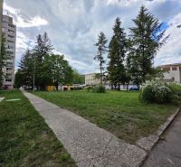 In Banská Bystrica, in front of the 2-room apartment, there is greenery, a sidewalk, and trees.