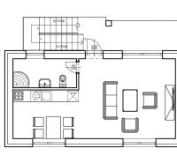 The floor plan of the cottage shows the kitchen, living room, and bathroom with functional layout.