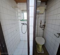 A bathroom in a cabin with a shower and toilet, tiles, white tiles.