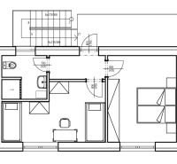 Floor plan of a cottage with a bathroom, toilet, and two separate rooms.