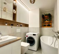 A bathroom in a 2-room apartment with a bathtub, washing machine, and sink.