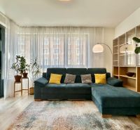 Living room in a 2-room apartment with a couch, shelves, plants, and a floor with a wooden decor.