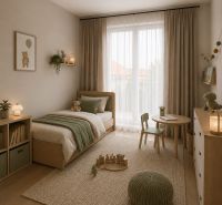 A children's room in a 3-room apartment with subtle decor and wooden furniture.