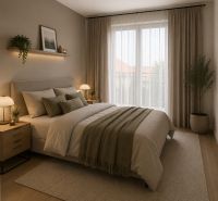 Bedroom in a 3-room apartment, with wood-patterned flooring, subtle decorations.
