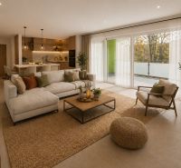 Living room in a 3-room apartment with a sofa bed and a kitchenette.