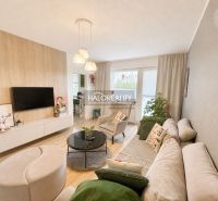 Living room of a two-room apartment with a wooden decor floor, a comfortable sofa, and a television.