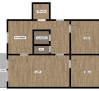 Floor plan of a 3-room apartment with three rooms, a kitchen, a bathroom, a toilet, a pantry, and a balcony.