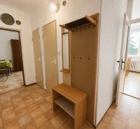 A hallway in a 3-room apartment with a wooden decor floor, a cabinet, and a mirror.