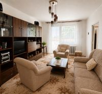 Living room in a 3-room apartment with a carpet, a sofa, and a wooden wall unit.