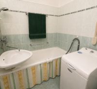 A bathroom in a 3-room apartment with a bathtub, a washing machine, and green tiles.