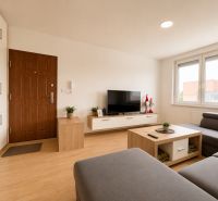 Living room of a three-room apartment with a wooden decor floor, gray sofa, and television.