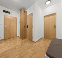 A hallway in a 3-room apartment with a wooden decor floor and a built-in wardrobe.