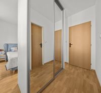 A hallway with a built-in wardrobe and a floor with a wood decor in a 3-room apartment.