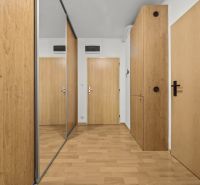 Hallway in a 3-room apartment with a wood-patterned floor, mirrored doors, and storage spaces.