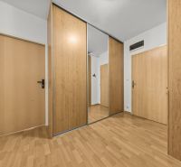 A hallway with a wooden decor floor, a mirrored wardrobe, and doors in a 3-room apartment.