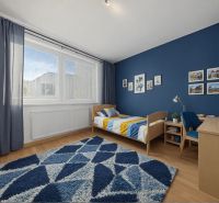 Children's room in a 3-room apartment with a blue wall, wooden decor flooring, and a carpet.