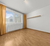A room in a three-room apartment with wooden floor decor and curtains.