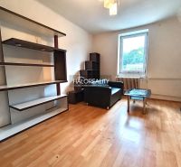 Living room in a 3-room apartment with a sofa, shelves, and a wooden decor floor.