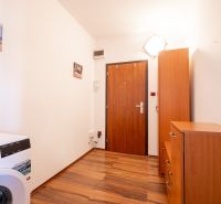 A hallway in a 2-room apartment with a wooden decor floor, a washing machine, and cabinets.