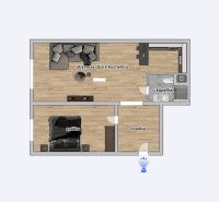Floor plan of a 2-room apartment with wood-patterned flooring, bathroom, and kitchen.