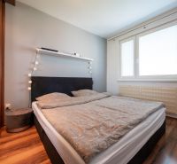 Bedroom in a two-room apartment with a wood-patterned floor and a large window.