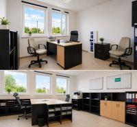 Office with administrative furniture, boards, and large windows. Warehouses and halls.