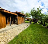 Wooden cottage in Košice - West district with a lawn and ornamental trees.