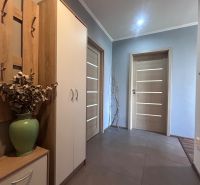 A hallway in a 3-room apartment with a decorative vase and wooden doors.