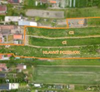Aerial view of residential plots in the town of Veľké Úľany, divided into three sections.