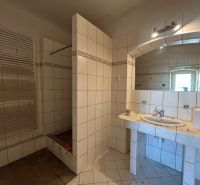 A bathroom in a family house with tiles and a shower corner.