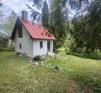 A garden cottage in Svinica surrounded by trees and a grassy plot.